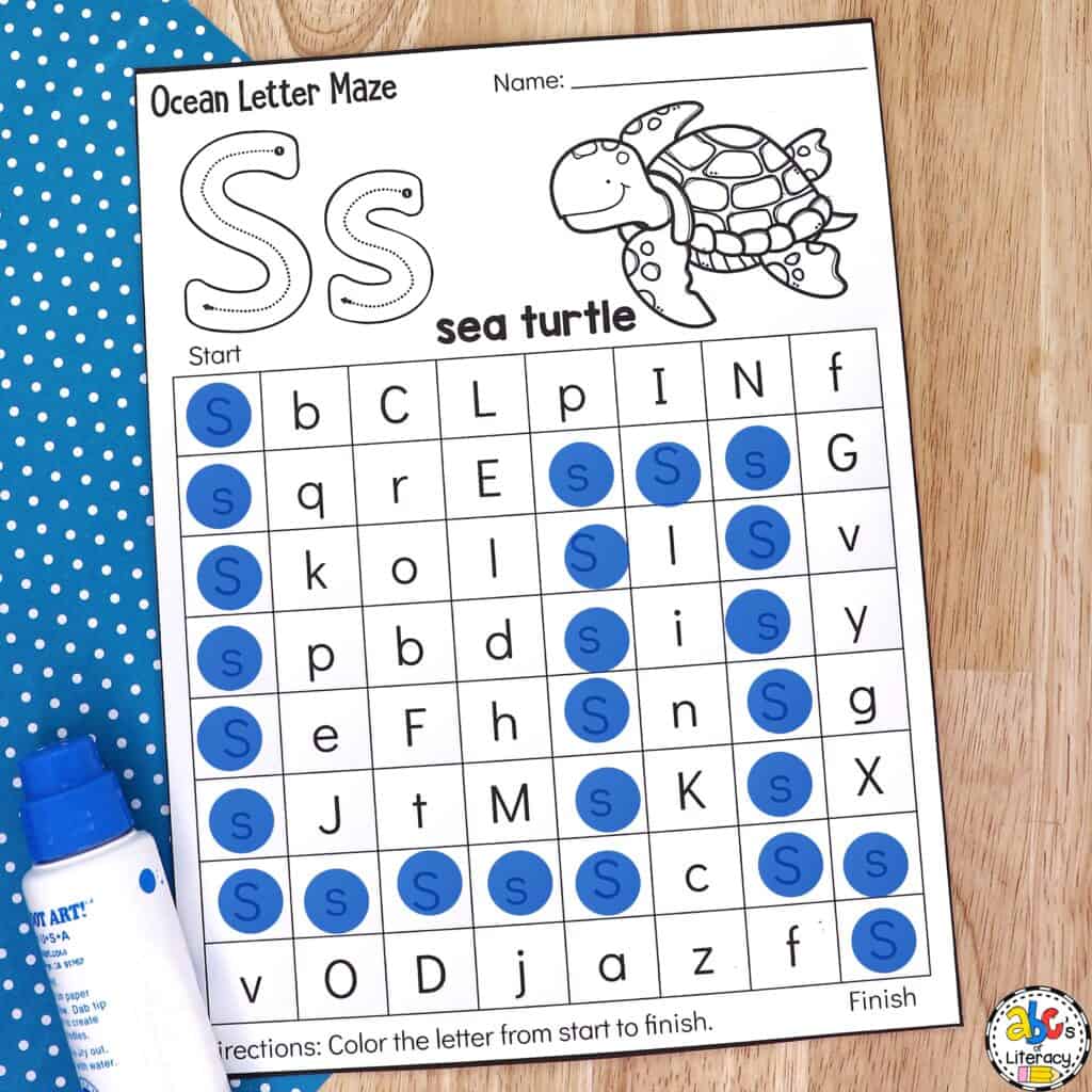 Free printable Ocean Letter Maze Worksheets for Preschool: ABC recognition | alphabet identification | visual discrimination skills preschool printables