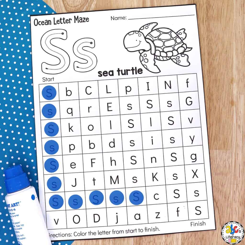 Free printable Ocean Letter Maze Worksheets for Preschool: ABC recognition | alphabet identification | visual discrimination skills alphabet mazes