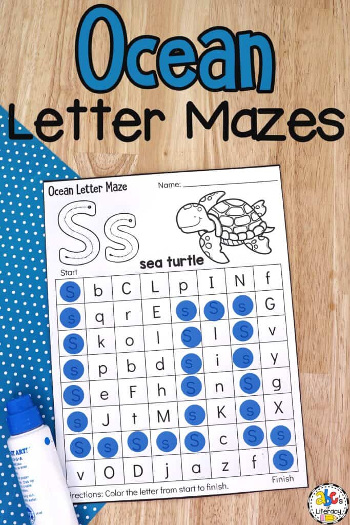 Free printable Ocean Letter Maze Worksheets for Preschool: ABC recognition | alphabet identification | visual discrimination skills summer literacy activities