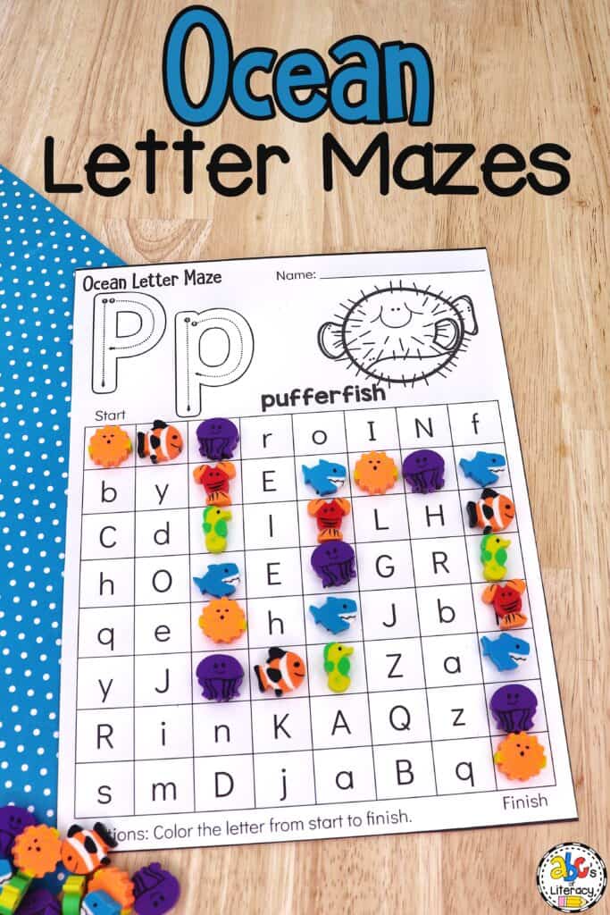 Free printable Ocean Letter Maze Worksheets for Preschool: ABC recognition | alphabet identification | visual discrimination skills Worksheets for Preschool