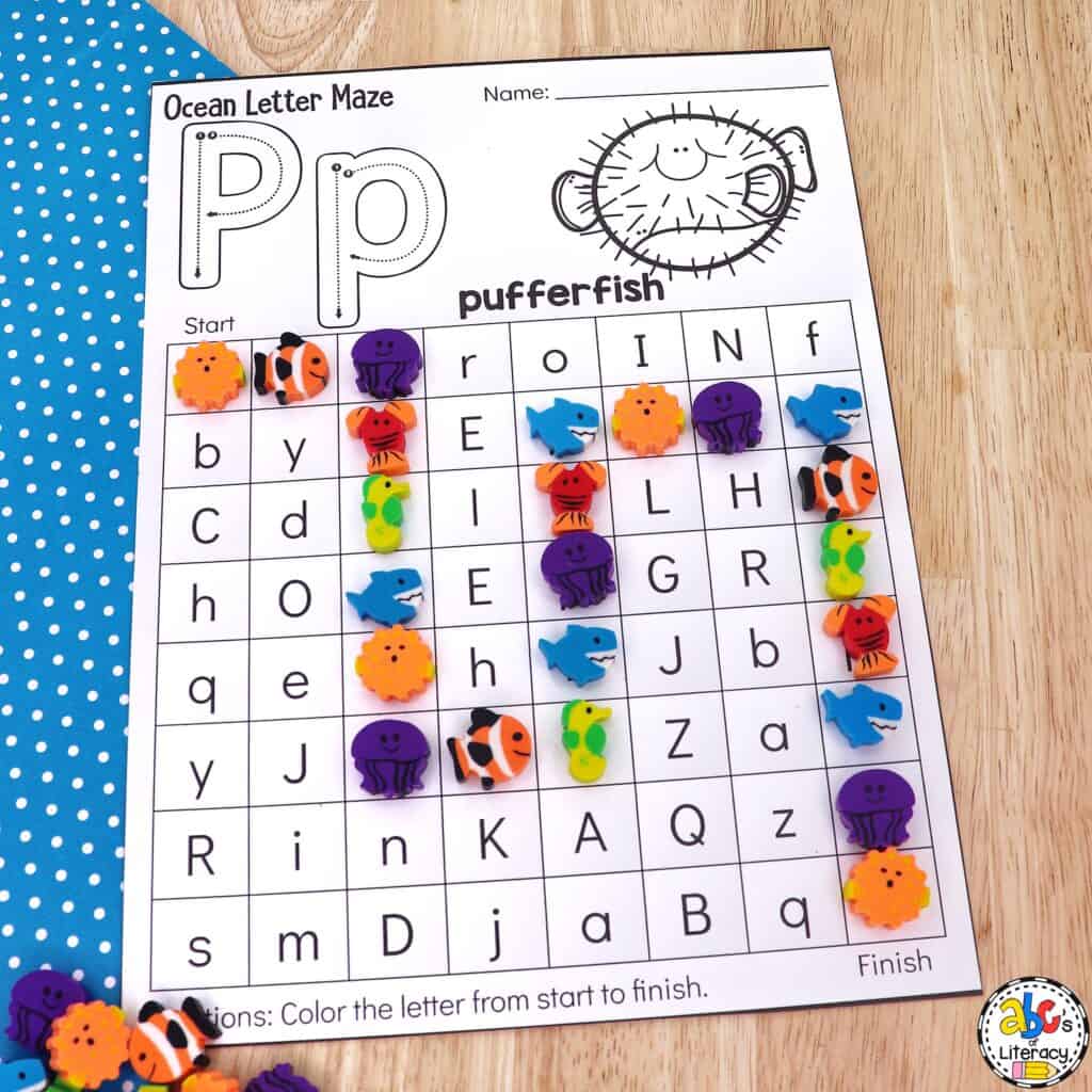 Free printable Ocean Letter Maze Worksheets for Preschool: ABC recognition | alphabet identification | visual discrimination skills Letter recognition activity