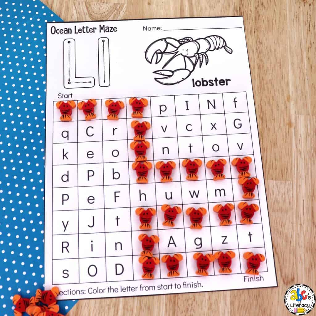 Free printable Ocean Letter Maze Worksheets for Preschool: ABC recognition | alphabet identification | visual discrimination skills Preschool worksheets