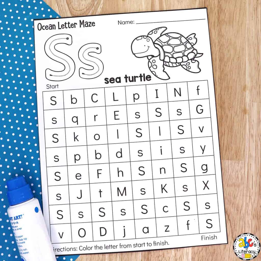Free printable Ocean Letter Maze Worksheets for Preschool: ABC recognition | alphabet identification | visual discrimination skills alphabet identification