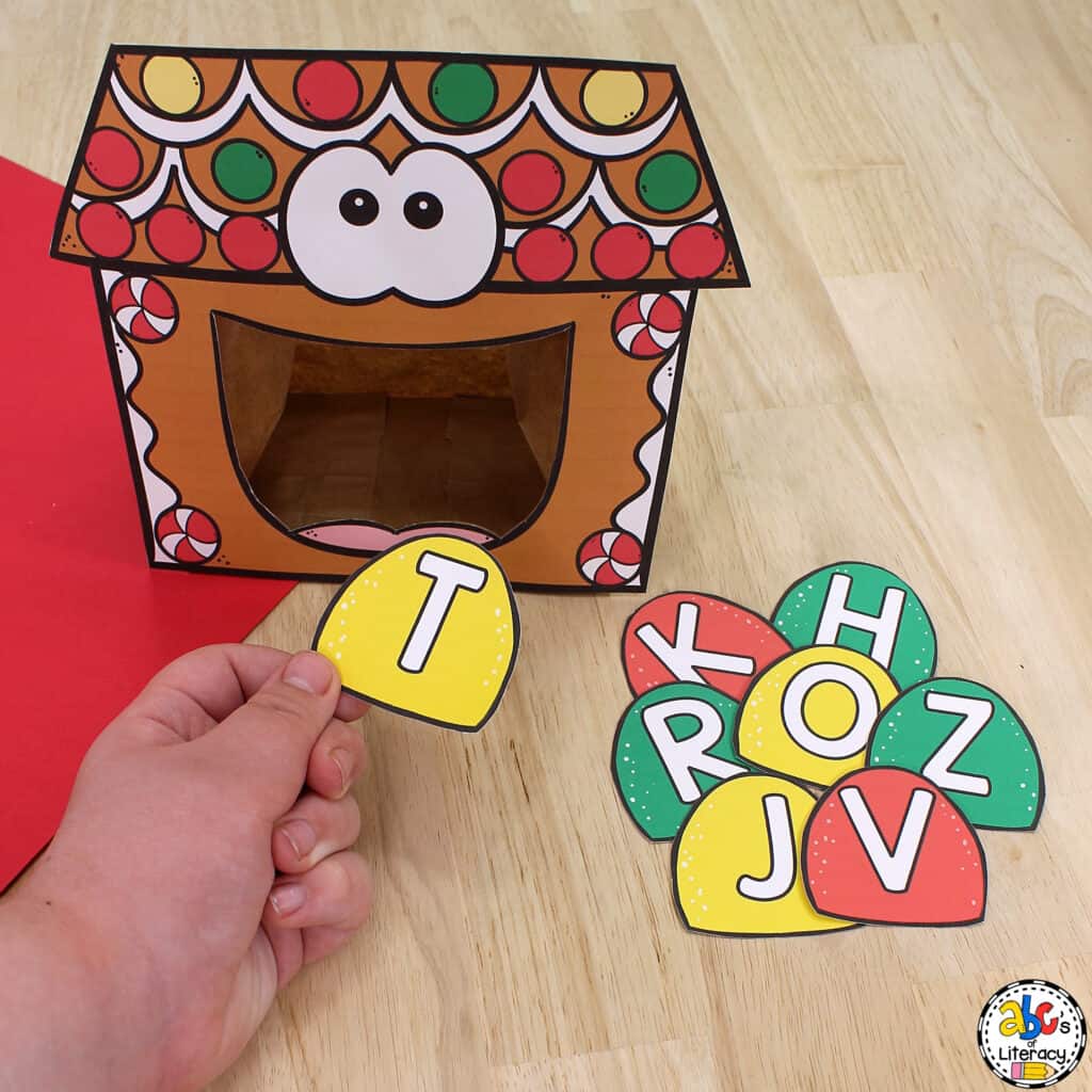 Free printable Gingerbread House Letter Recognition Activity: ABC naming | Alphabet identification | Christmas preschool resource Christmas Literacy Activity