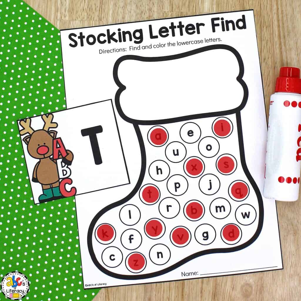 Free printable Christmas Stocking Letter Find Activity: Alphabet recognition | ABC identification | Letter search Find the letter activity