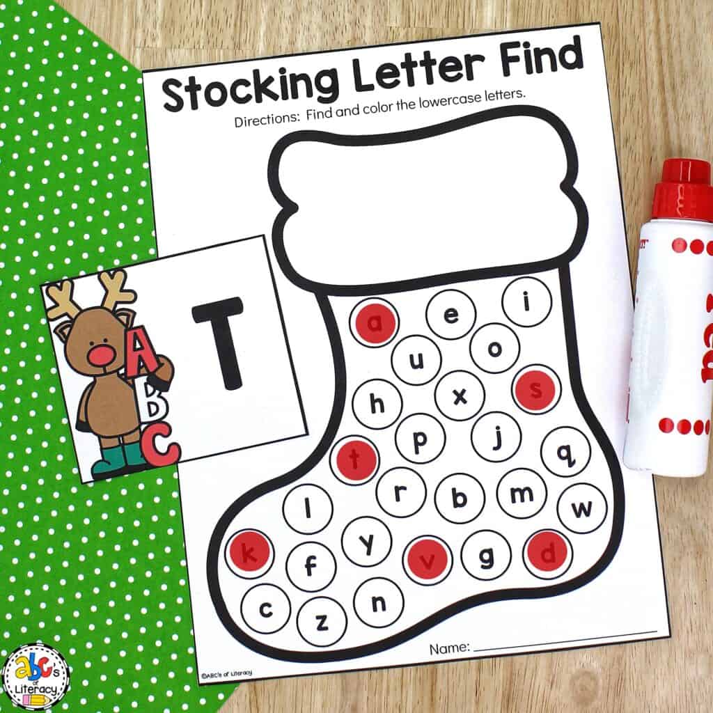 Free printable Christmas Stocking Letter Find Activity: Alphabet recognition | ABC identification | Letter search Letter Hunt Activity