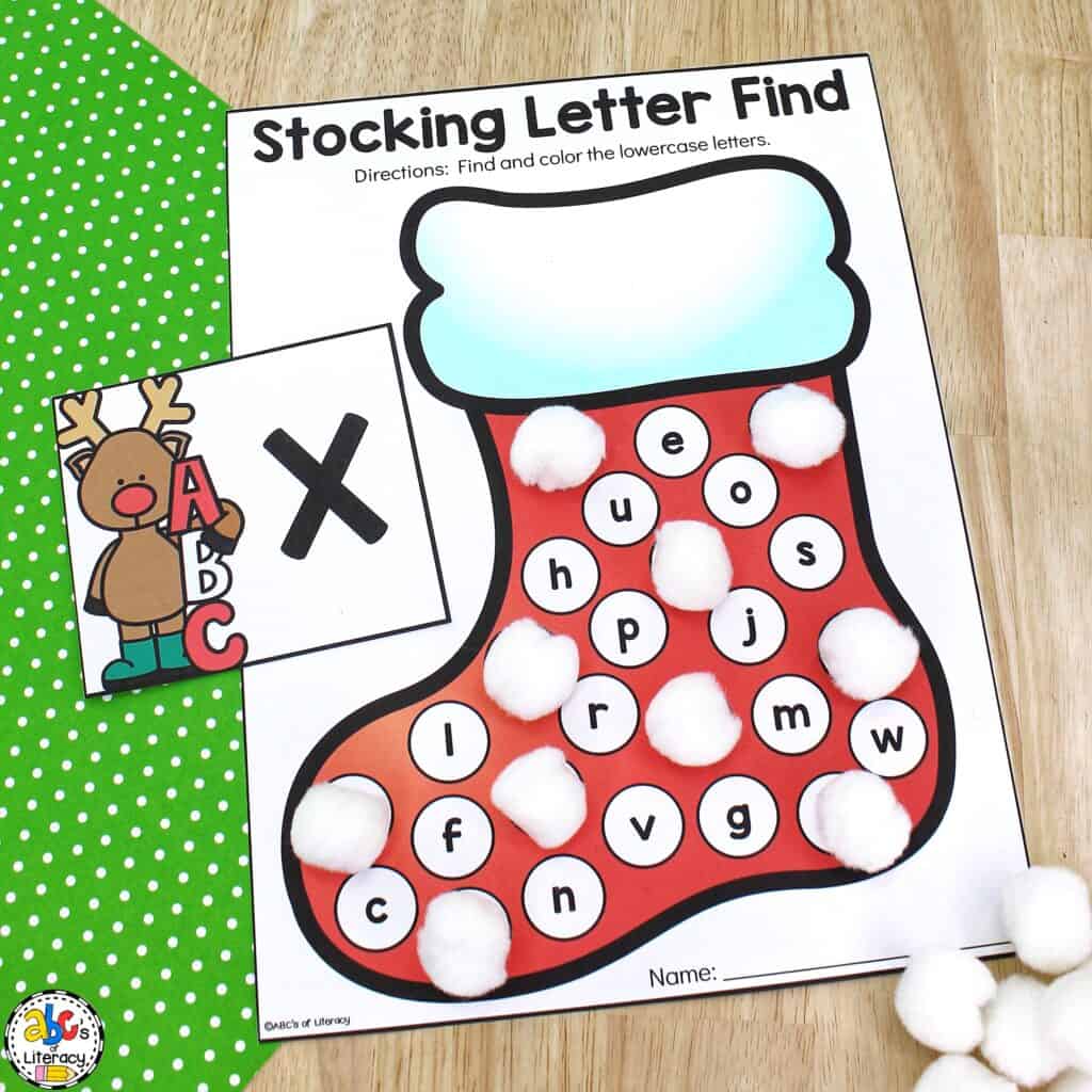 Free printable Christmas Stocking Letter Find Activity: Alphabet recognition | ABC identification | Letter search Letter Search Activity