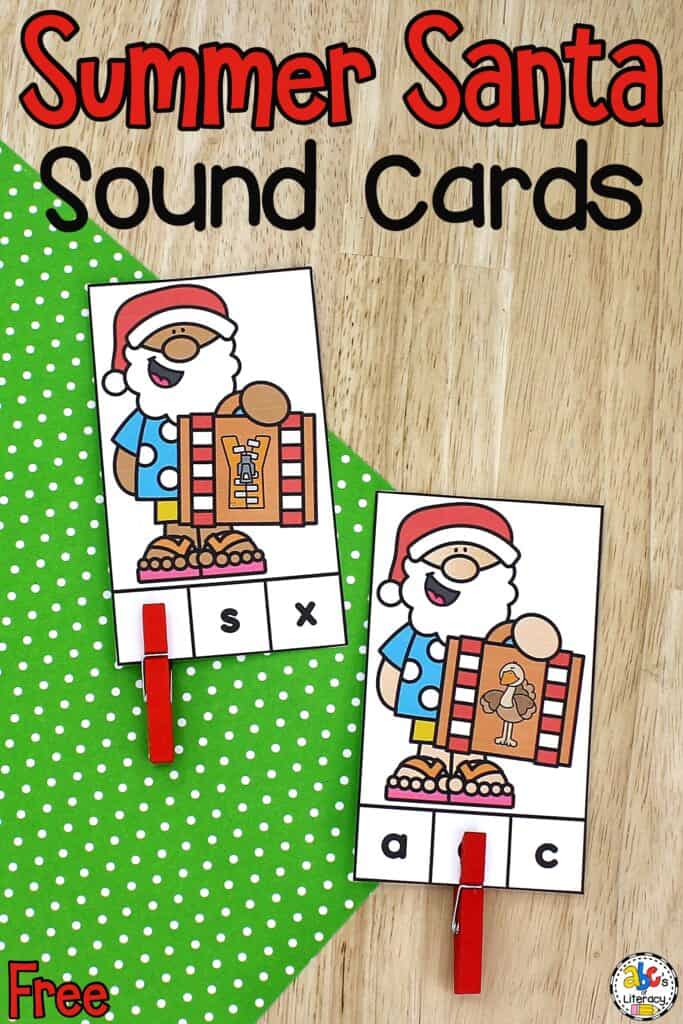 Free printable Summer Santa Beginning Sounds Activity: identify pictures and letter sounds and develop fine motor skills with clip cards.