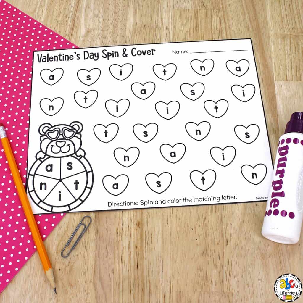 Free printable, no-prep Valentine Alphabet Worksheets for Preschool: Spin and color or cover lowercase letters in this themed activity Heart alphabet worksheets