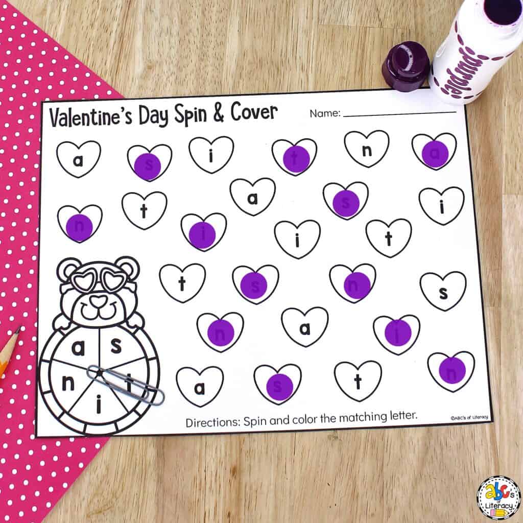 Free printable, no-prep Valentine Alphabet Worksheets for Preschool: Spin and color or cover lowercase letters in this themed activity Worksheets for preschool