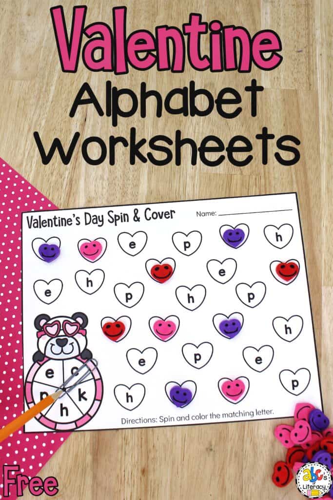 Free printable, no-prep Valentine Alphabet Worksheets for Preschool: Spin and color or cover lowercase letters in this themed activity Valentine's Day activity for preschool