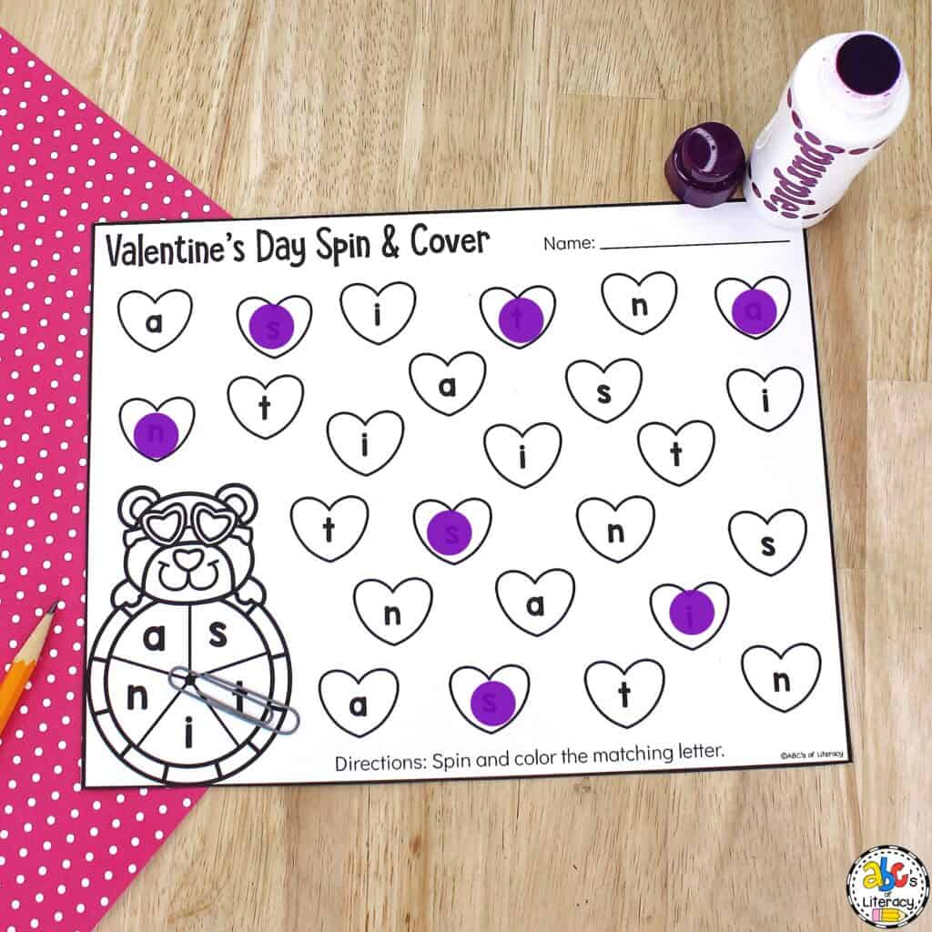 Free printable, no-prep Valentine Alphabet Worksheets for Preschool: Spin and color or cover lowercase letters in this themed activity Spin and cover worksheets