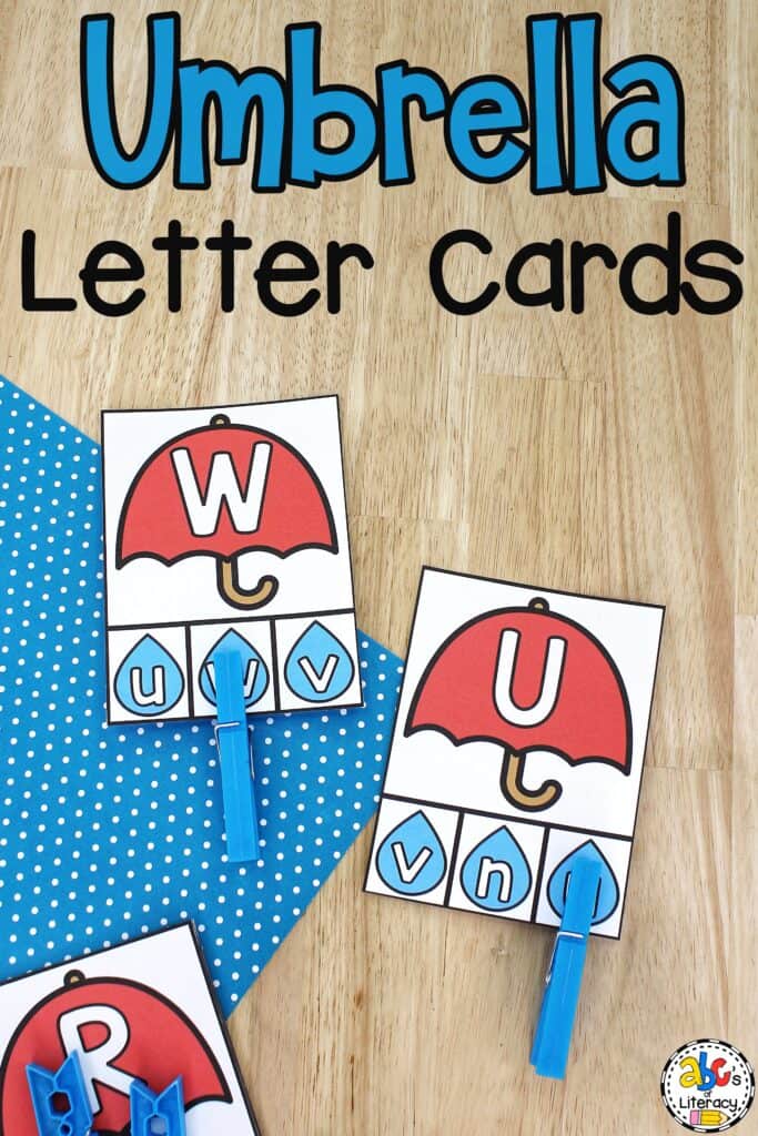 Free printable Umbrella Alphabet Clip Cards for preschool: Work on letter recognition, matching letters, fine motor skills, and more! Letter recognition activity