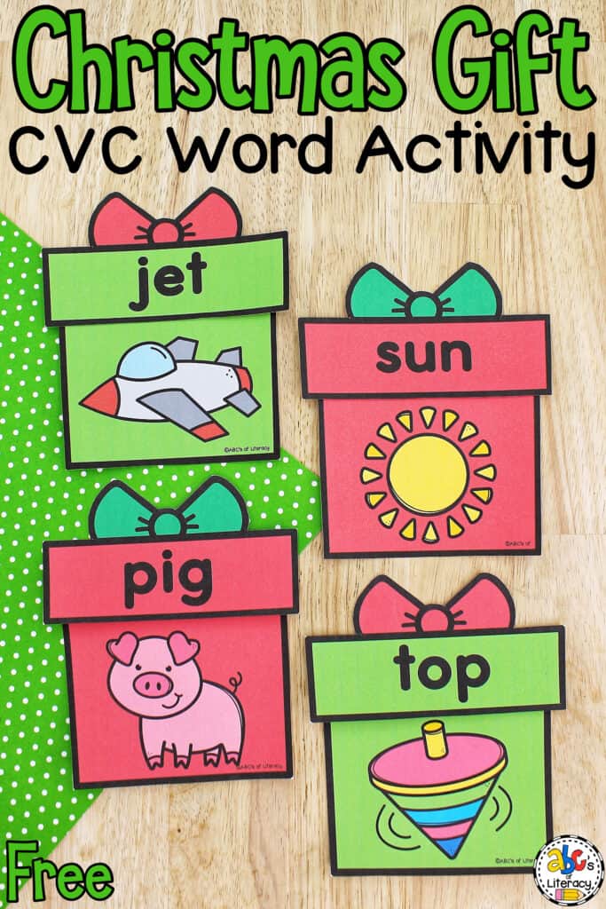 Christmas Present CVC Words Activity: Help beginning readers practice matching pictures and words with this free word work resource. Christmas Reading Activity