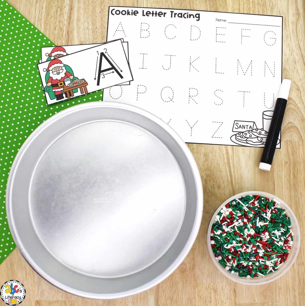 Christmas Cookie Alphabet Writing Tray for preschool: work on capital and lowercase letter formation & fine motor skills. Christmas letter activity