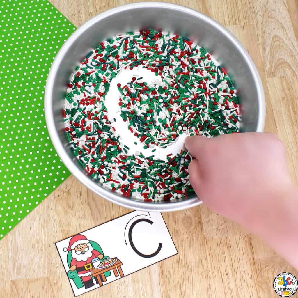 Christmas Cookie Alphabet Writing Tray for preschool: work on capital and lowercase letter formation & fine motor skills. Christmas literacy activity
